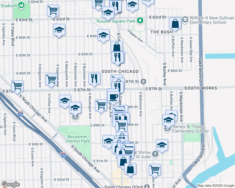 map of restaurants, bars, coffee shops, grocery stores, and more near 8739 South Exchange Avenue in Chicago