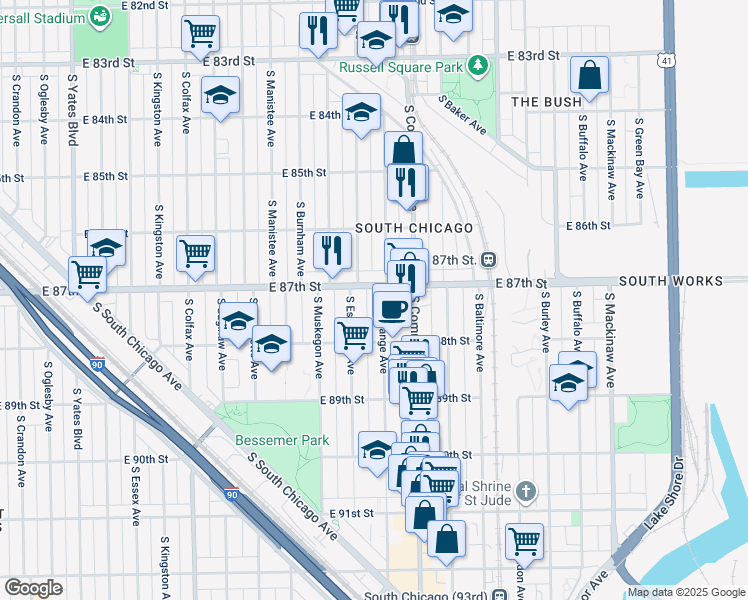 map of restaurants, bars, coffee shops, grocery stores, and more near 2906 East 87th Street in Chicago