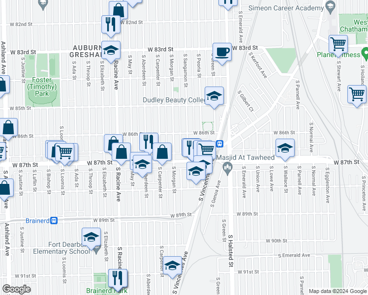 map of restaurants, bars, coffee shops, grocery stores, and more near 8601 South Morgan Street in Chicago