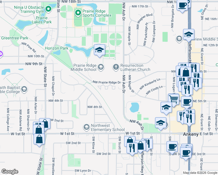 map of restaurants, bars, coffee shops, grocery stores, and more near 949 Northwest Prairie Ridge Drive in Ankeny