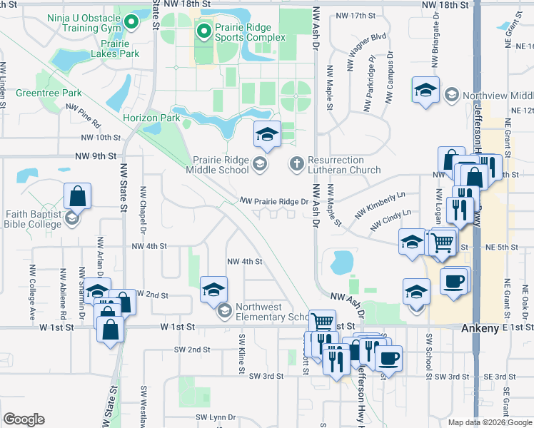 map of restaurants, bars, coffee shops, grocery stores, and more near 1143 Northwest Prairie Ridge Drive in Ankeny
