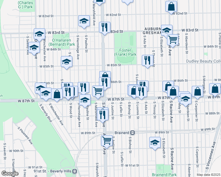 map of restaurants, bars, coffee shops, grocery stores, and more near 8601 South Justine Street in Chicago