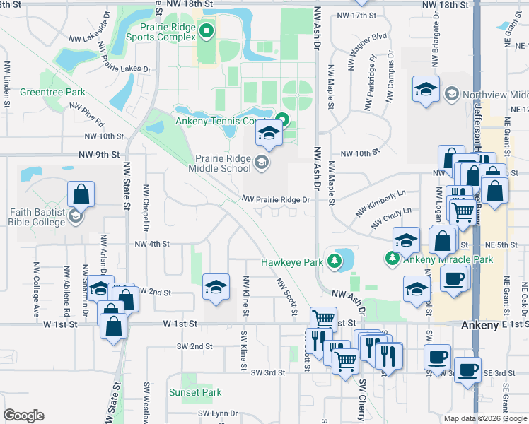 map of restaurants, bars, coffee shops, grocery stores, and more near 1143 Northwest Prairie Ridge Drive in Ankeny