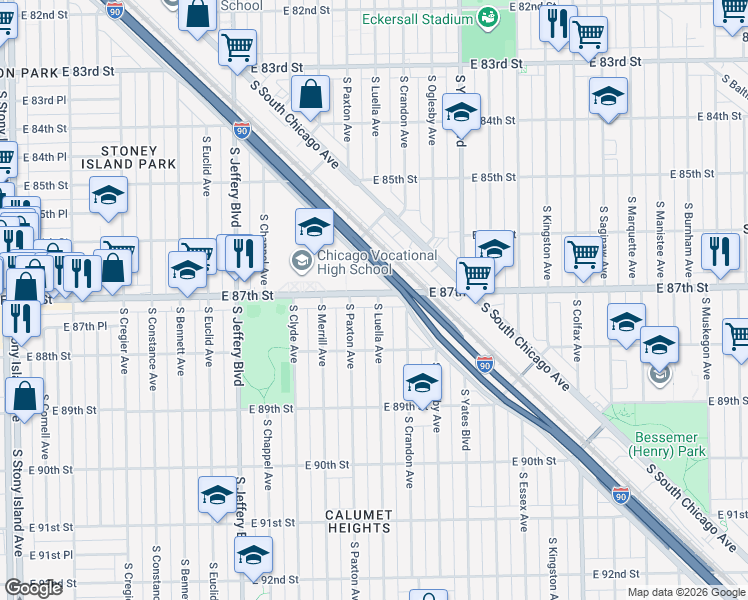 map of restaurants, bars, coffee shops, grocery stores, and more near 2225 East 87th Street in Chicago
