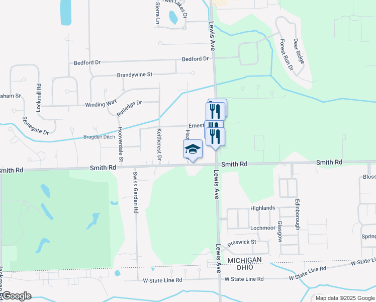 map of restaurants, bars, coffee shops, grocery stores, and more near 6658 Hazeldell Drive in Temperance