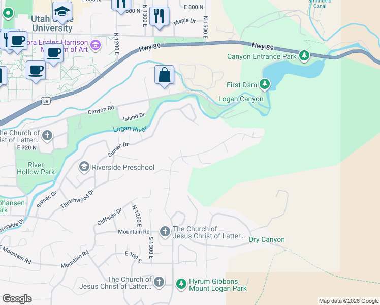 map of restaurants, bars, coffee shops, grocery stores, and more near 1459 Quail Way in Logan