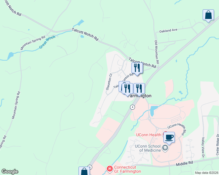 map of restaurants, bars, coffee shops, grocery stores, and more near 4 Staunton Court in Farmington