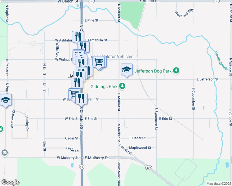 map of restaurants, bars, coffee shops, grocery stores, and more near 21 South Market Street in Jefferson