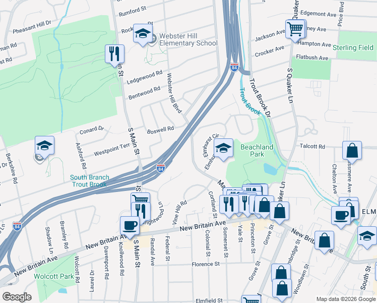 map of restaurants, bars, coffee shops, grocery stores, and more near 167 Mayflower Street in West Hartford