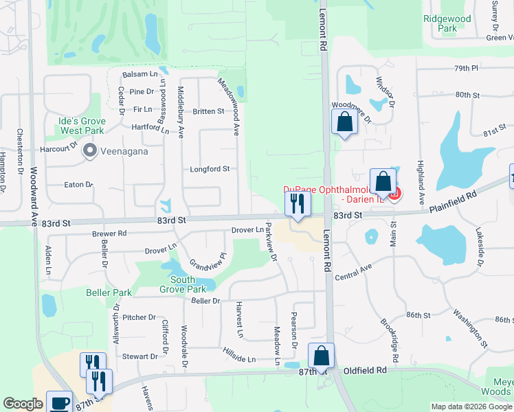 map of restaurants, bars, coffee shops, grocery stores, and more near 8239 Dunham Road in Downers Grove