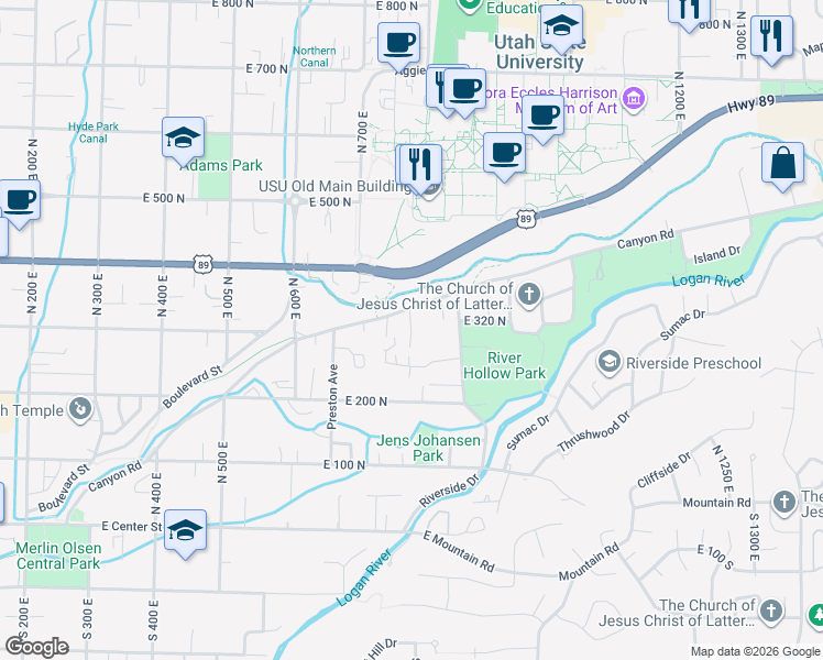 map of restaurants, bars, coffee shops, grocery stores, and more near North Canyon Cove Drive in Logan