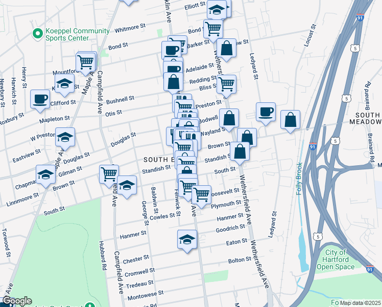 map of restaurants, bars, coffee shops, grocery stores, and more near 452 Franklin Avenue in Hartford