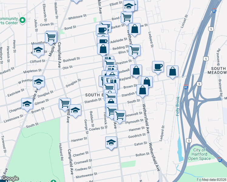 map of restaurants, bars, coffee shops, grocery stores, and more near 440 Franklin Avenue in Hartford
