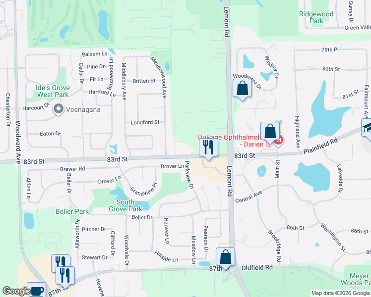 map of restaurants, bars, coffee shops, grocery stores, and more near 8239 Dunham Road in Downers Grove