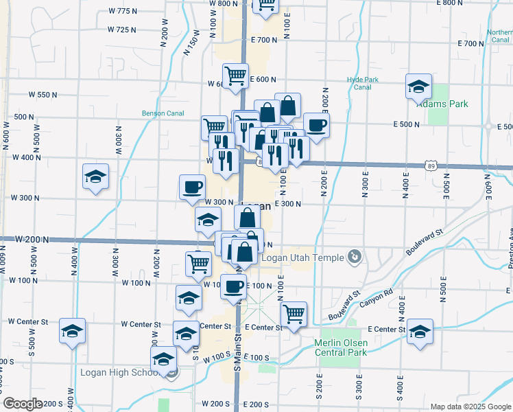 map of restaurants, bars, coffee shops, grocery stores, and more near in Logan