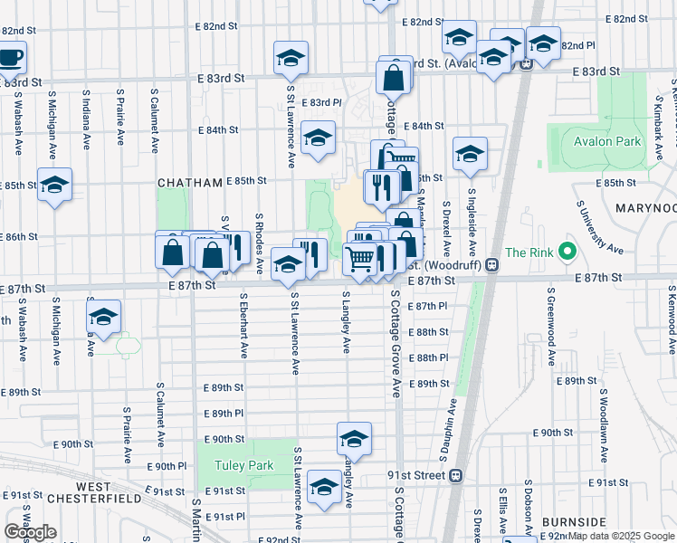 map of restaurants, bars, coffee shops, grocery stores, and more near 644 East 87th Street in Chicago