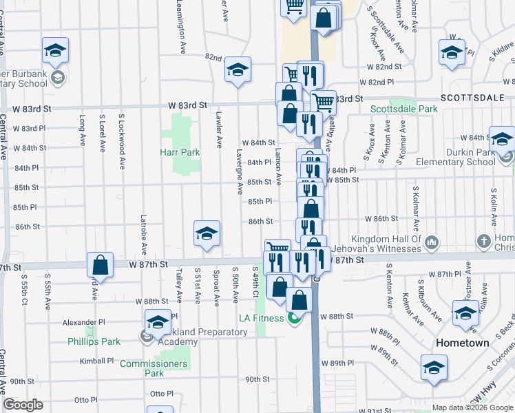 map of restaurants, bars, coffee shops, grocery stores, and more near 4956 West 85th Place in Burbank