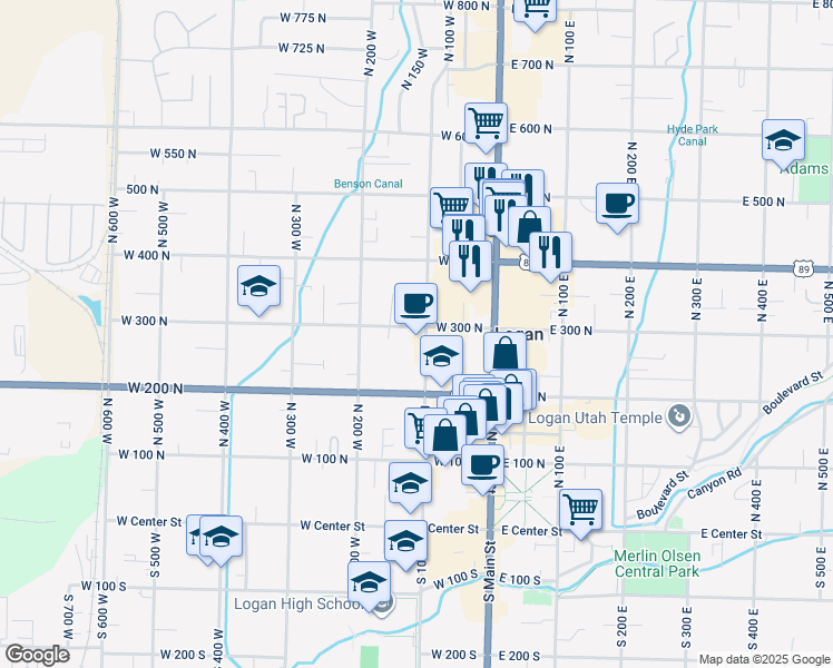 map of restaurants, bars, coffee shops, grocery stores, and more near 149 West 300 North in Logan