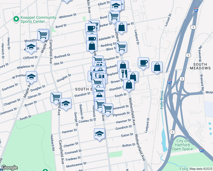map of restaurants, bars, coffee shops, grocery stores, and more near 40 Brown Street in Hartford