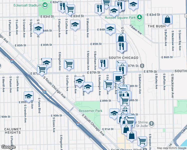 map of restaurants, bars, coffee shops, grocery stores, and more near 8652 South Burnham Avenue in Chicago