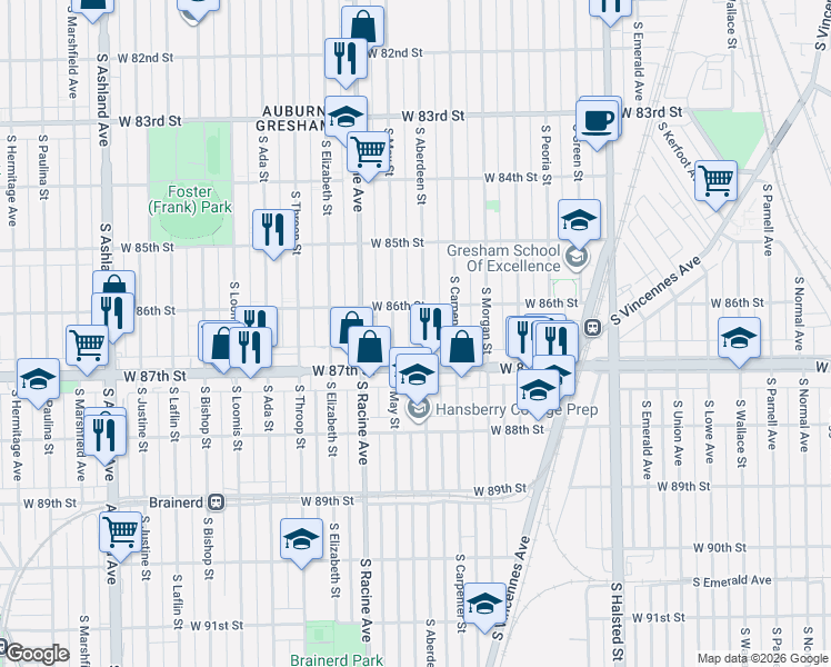 map of restaurants, bars, coffee shops, grocery stores, and more near 8606 South Aberdeen Street in Chicago