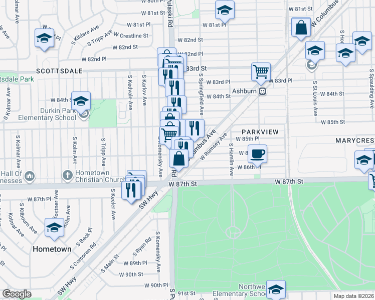 map of restaurants, bars, coffee shops, grocery stores, and more near 3923 West 85th Place in Chicago