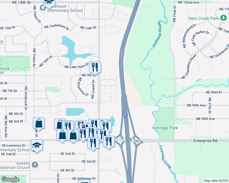 map of restaurants, bars, coffee shops, grocery stores, and more near 1203 Northeast 7th Lane in Ankeny