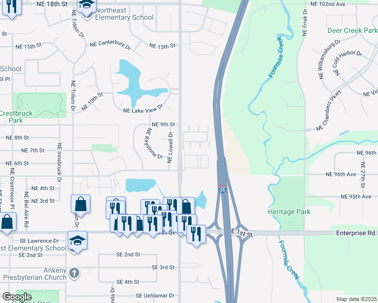 map of restaurants, bars, coffee shops, grocery stores, and more near 1103 Northeast 7th Lane in Ankeny