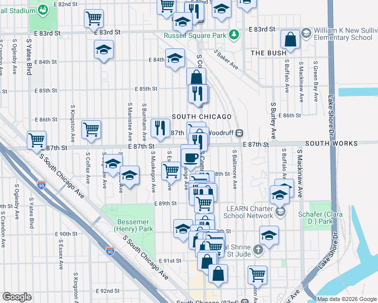 map of restaurants, bars, coffee shops, grocery stores, and more near 8711 South Exchange Avenue in Chicago