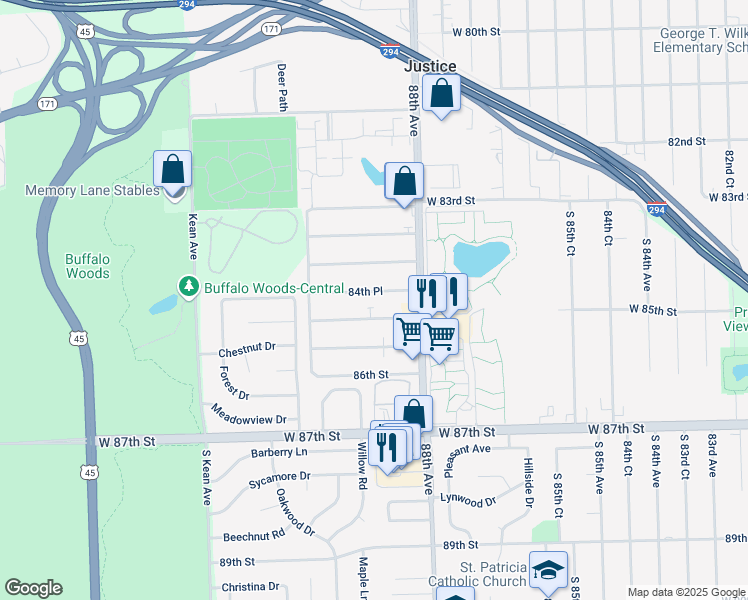 map of restaurants, bars, coffee shops, grocery stores, and more near 8816 West 84th Place in Justice