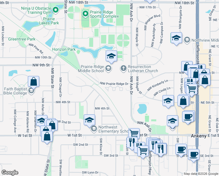 map of restaurants, bars, coffee shops, grocery stores, and more near 1143 Northwest Prairie Ridge Drive in Ankeny
