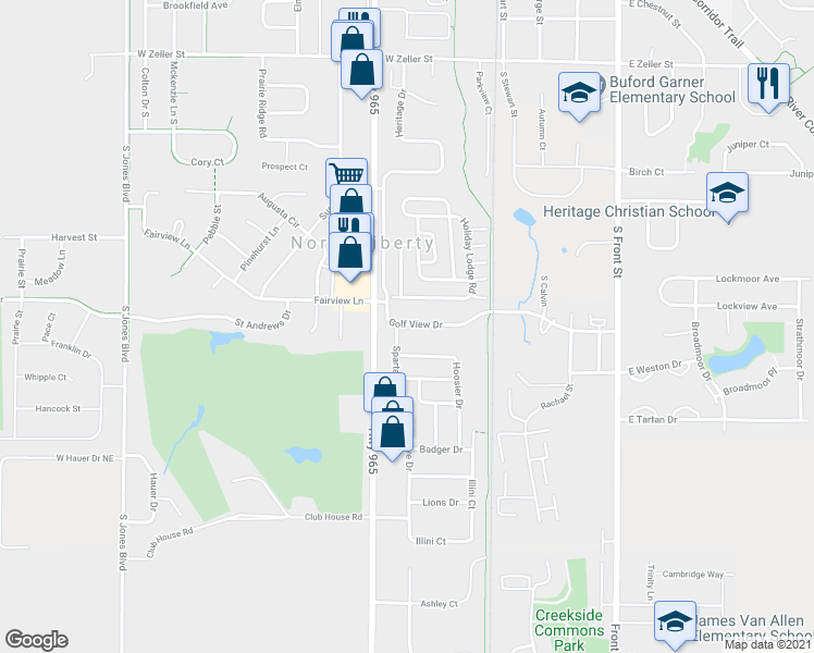 map of restaurants, bars, coffee shops, grocery stores, and more near 75 Holiday Lodge Road in North Liberty