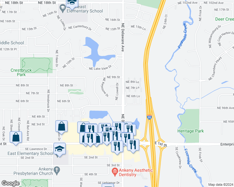 map of restaurants, bars, coffee shops, grocery stores, and more near Northeast Lowell Drive in Ankeny