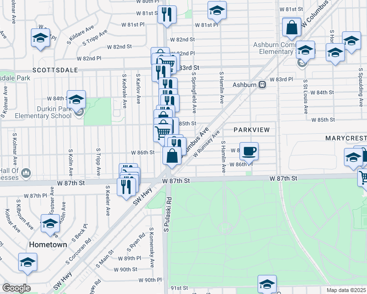 map of restaurants, bars, coffee shops, grocery stores, and more near 3930 West Columbus Avenue in Chicago