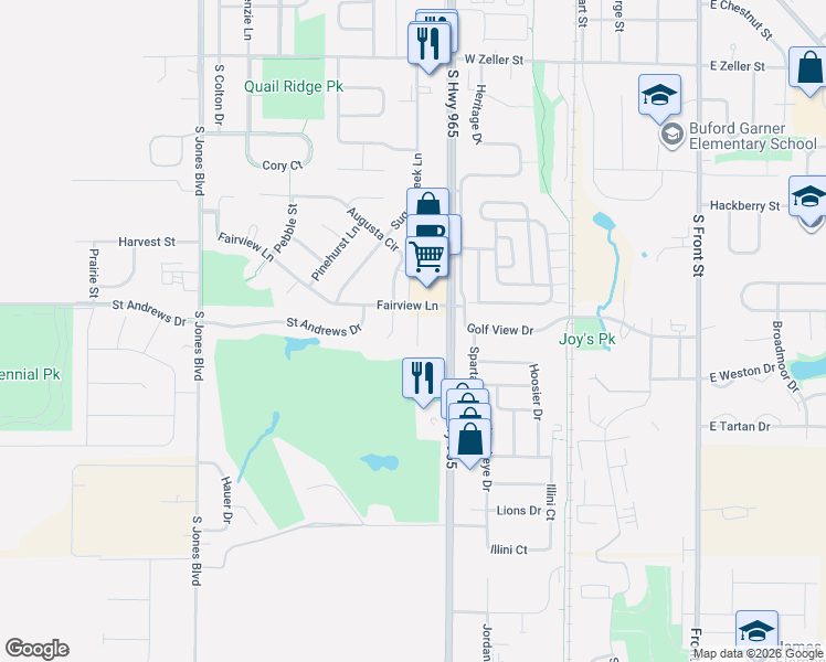 map of restaurants, bars, coffee shops, grocery stores, and more near 600 Andrews Court in North Liberty