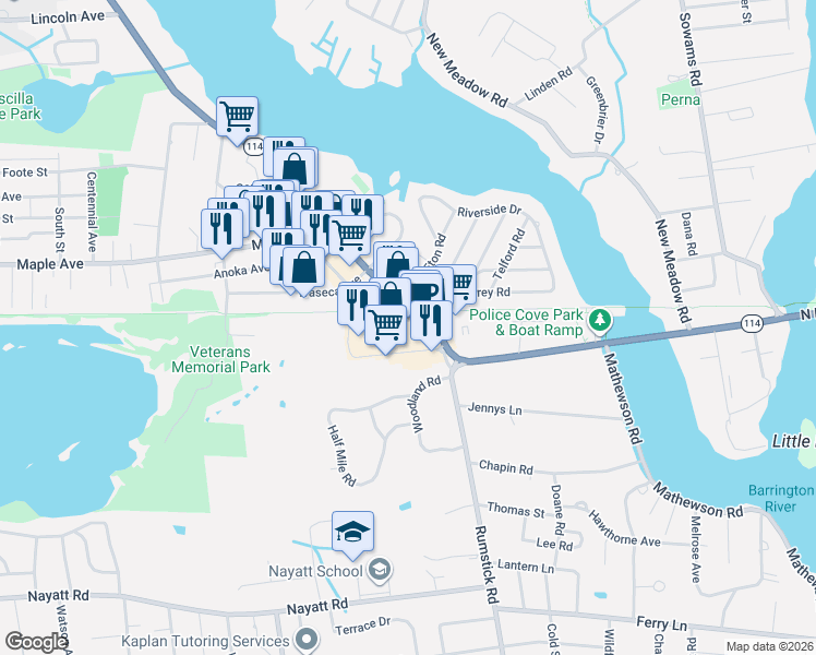 map of restaurants, bars, coffee shops, grocery stores, and more near 182 County Road in Barrington