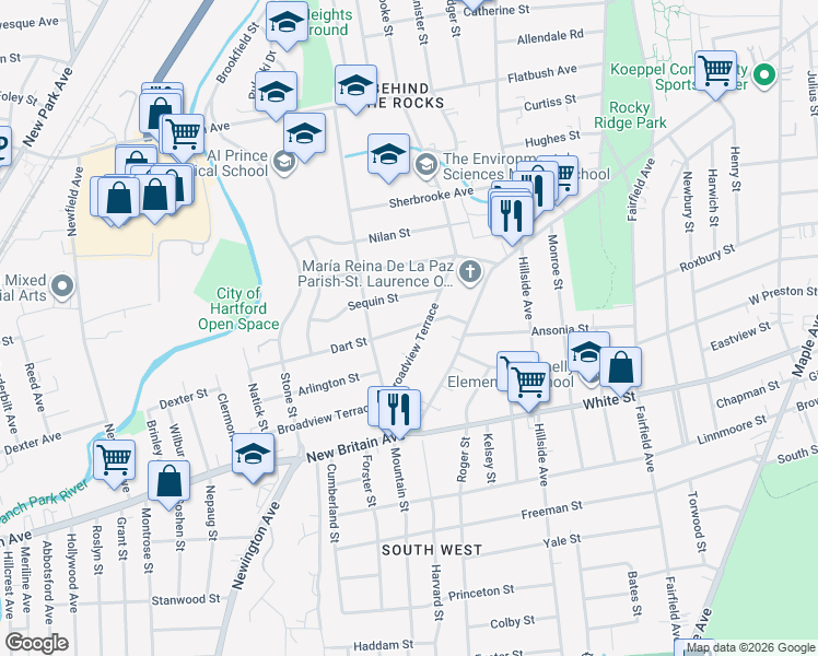map of restaurants, bars, coffee shops, grocery stores, and more near 52 Dart Street in Hartford