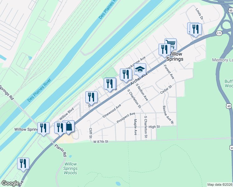 map of restaurants, bars, coffee shops, grocery stores, and more near 102 Park Street in Willow Springs