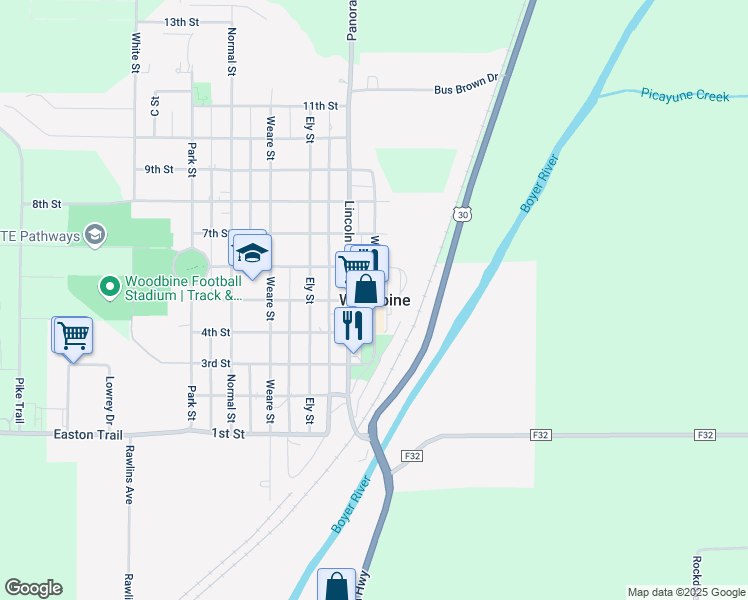 map of restaurants, bars, coffee shops, grocery stores, and more near 501 Walker Street in Woodbine