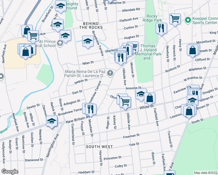 map of restaurants, bars, coffee shops, grocery stores, and more near 509 New Britain Avenue in Hartford