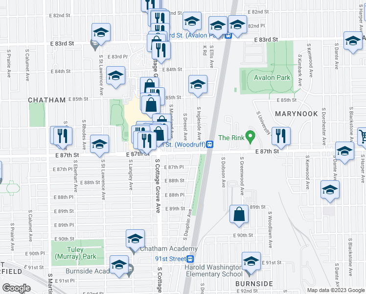 map of restaurants, bars, coffee shops, grocery stores, and more near 8648 South Drexel Avenue in Chicago
