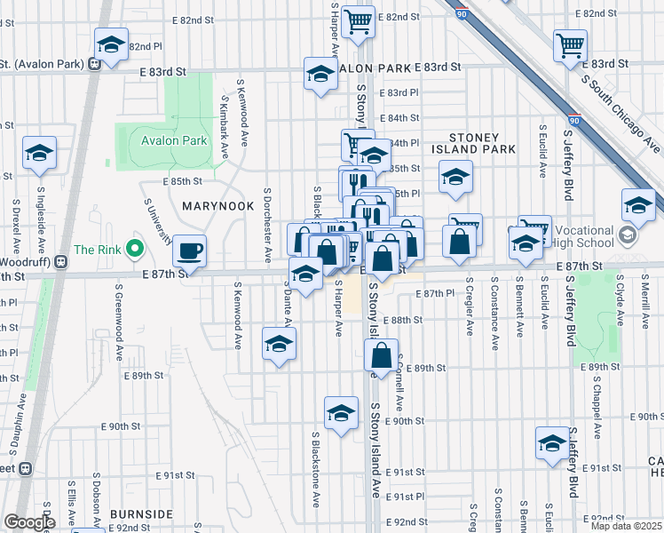 map of restaurants, bars, coffee shops, grocery stores, and more near 1535 East 86th Place in Chicago