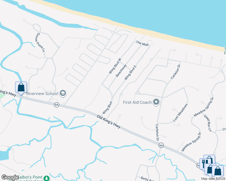 map of restaurants, bars, coffee shops, grocery stores, and more near 8 Beachway in Sandwich