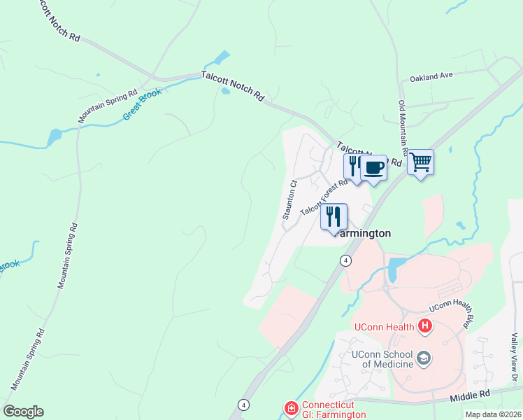 map of restaurants, bars, coffee shops, grocery stores, and more near 38 Metacomet Road in Farmington