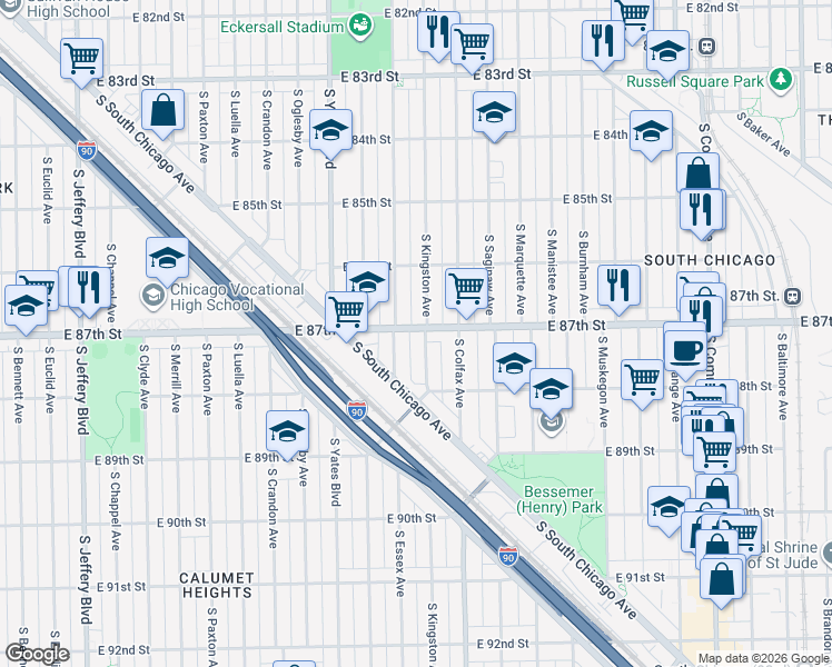 map of restaurants, bars, coffee shops, grocery stores, and more near 8650 South Kingston Avenue in Chicago