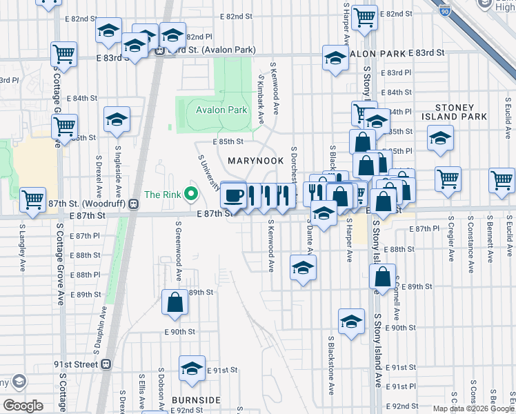 map of restaurants, bars, coffee shops, grocery stores, and more near 8668 South Kimbark Avenue in Chicago