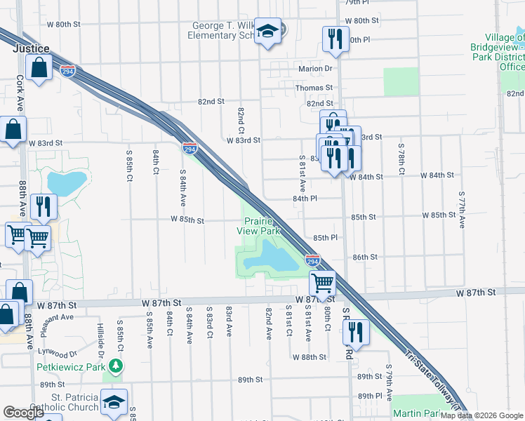 map of restaurants, bars, coffee shops, grocery stores, and more near South Kean Avenue in Oak Lawn