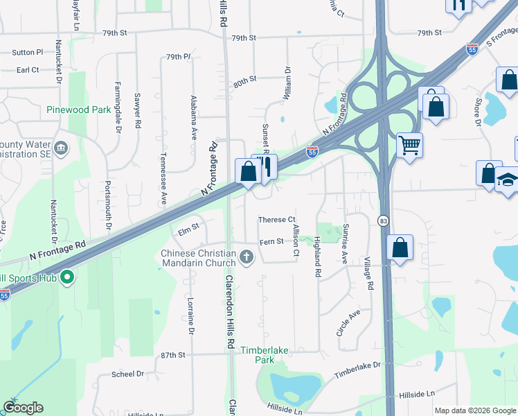 map of restaurants, bars, coffee shops, grocery stores, and more near 9s070 South Frontage Road in Willowbrook