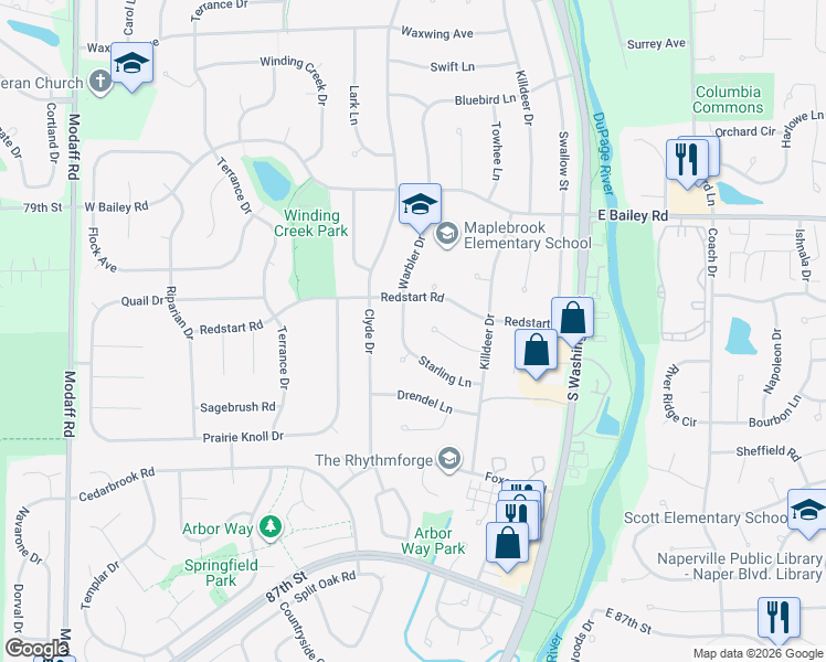 map of restaurants, bars, coffee shops, grocery stores, and more near 73 Finch Court in Naperville