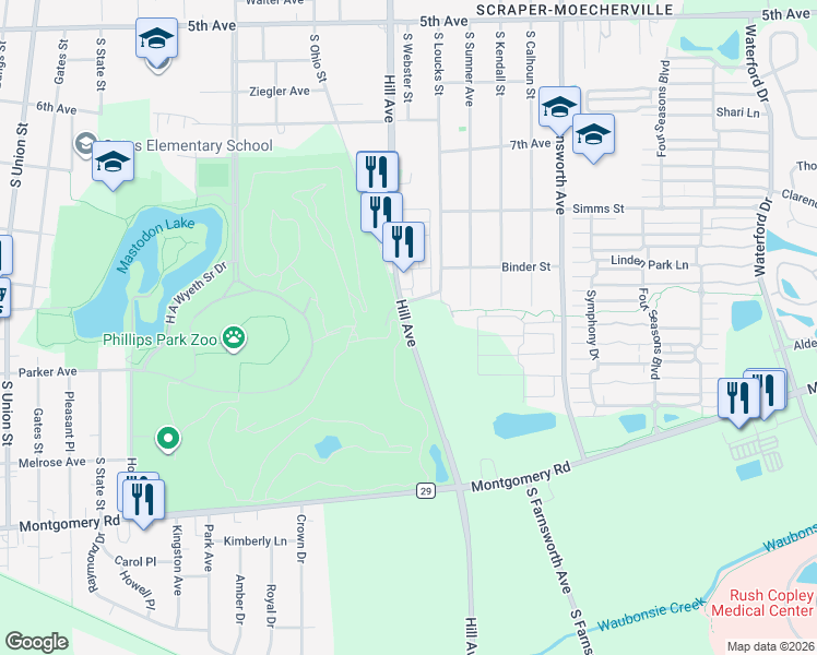 map of restaurants, bars, coffee shops, grocery stores, and more near 800 Hill Avenue in Aurora